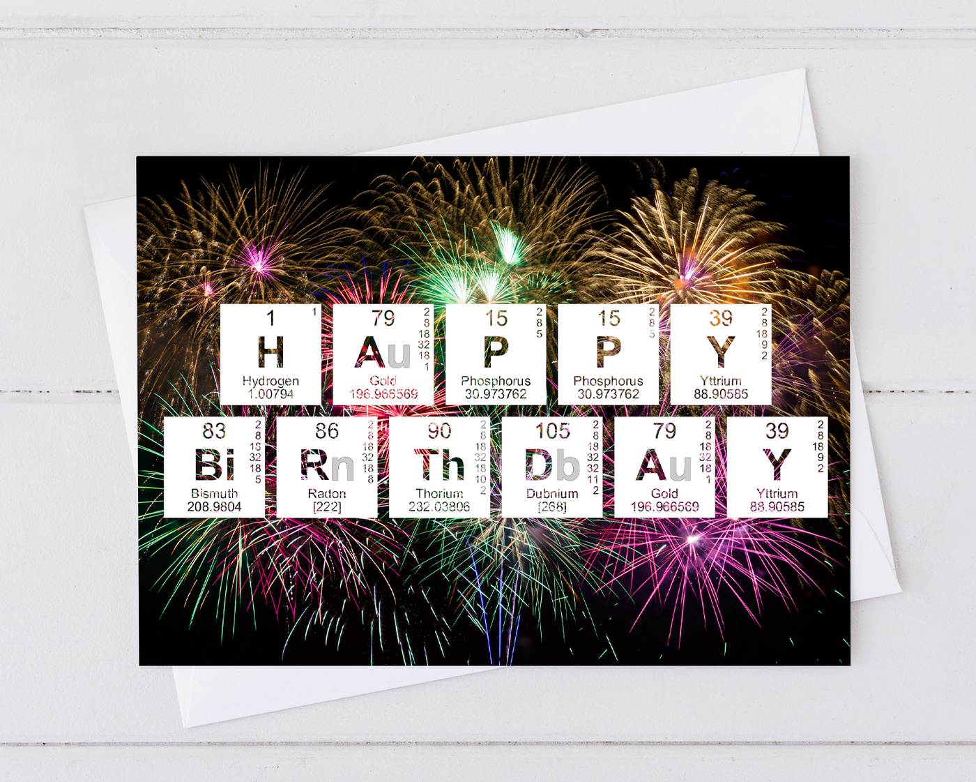 happy birthday periodic table of elements card with fireworks 