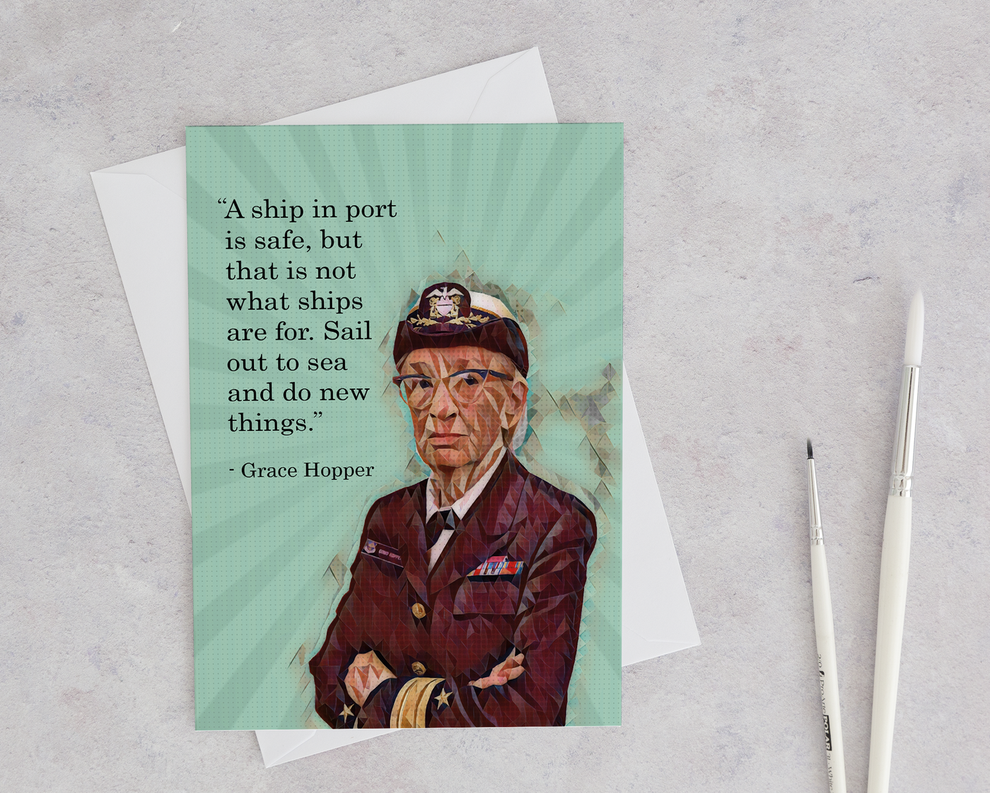 Grace Hopper blank greeting card with envelope with a modern computer designed image