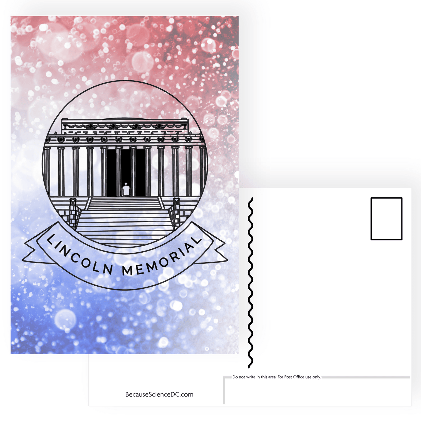 postcard with an illustration of the lincoln memorial on a red white and blue backtround