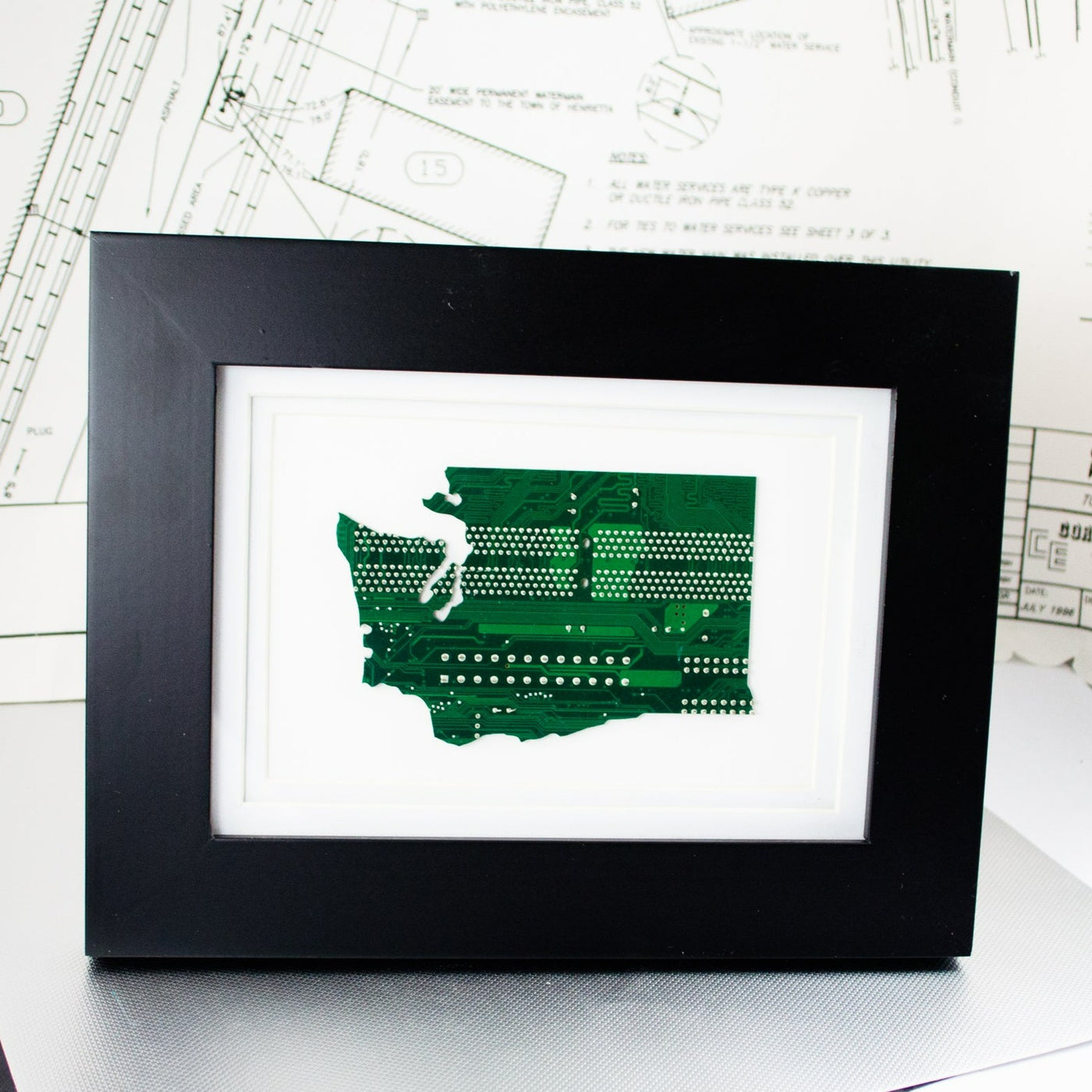 handmade circuit board framed art piece depicting the state of washington