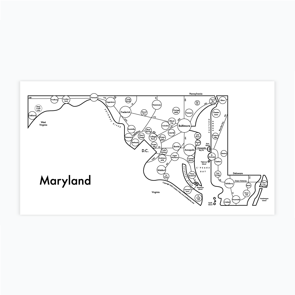 Maryland Map Letterpress Print: 6"x 12"