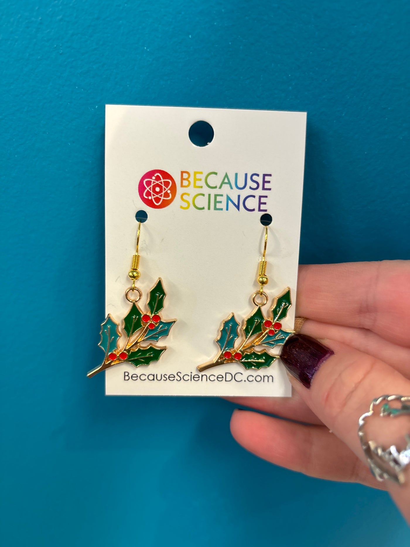 Holly Leaves and Berries Enamel Dangle Earrings