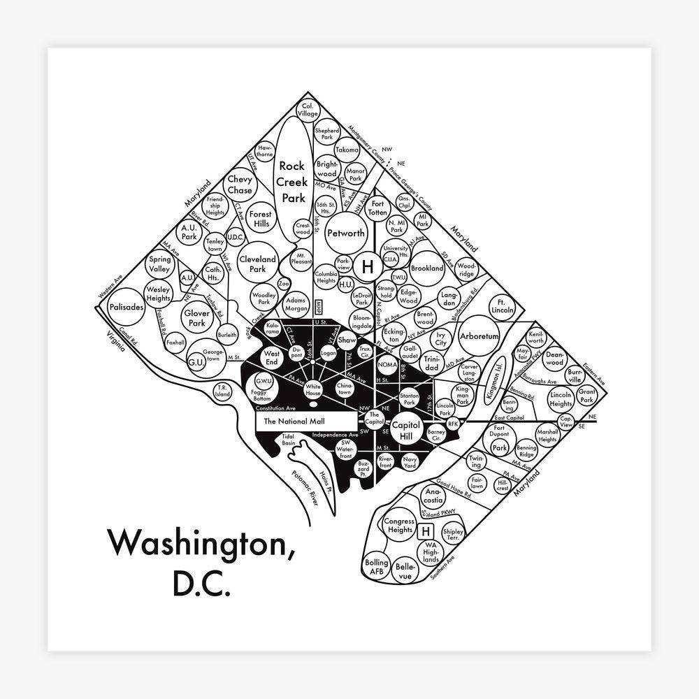 Washington DC Map Letterpress Print: 8" x 8"