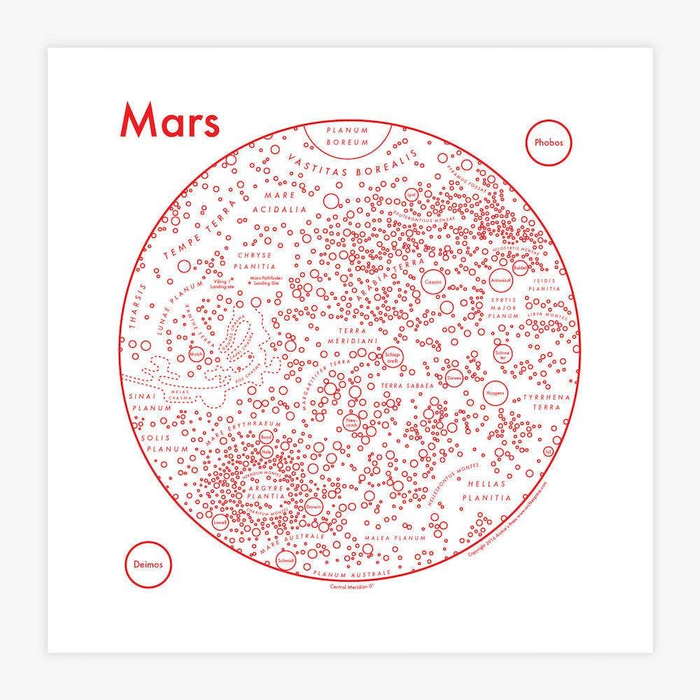 Mars Map Letterpress Print: 8" x 8"