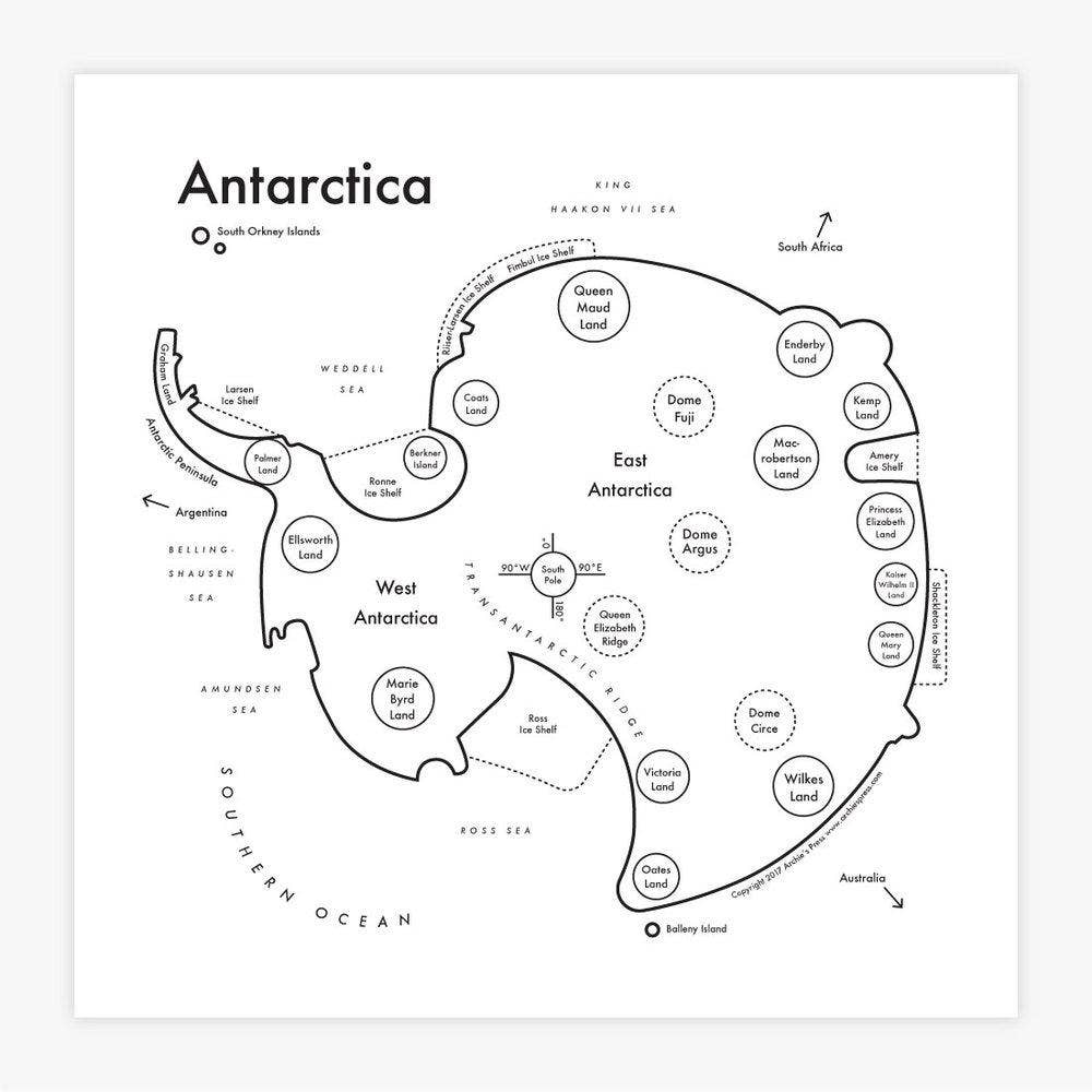 Antarctica Map Letterpress Print: 8" x 8"