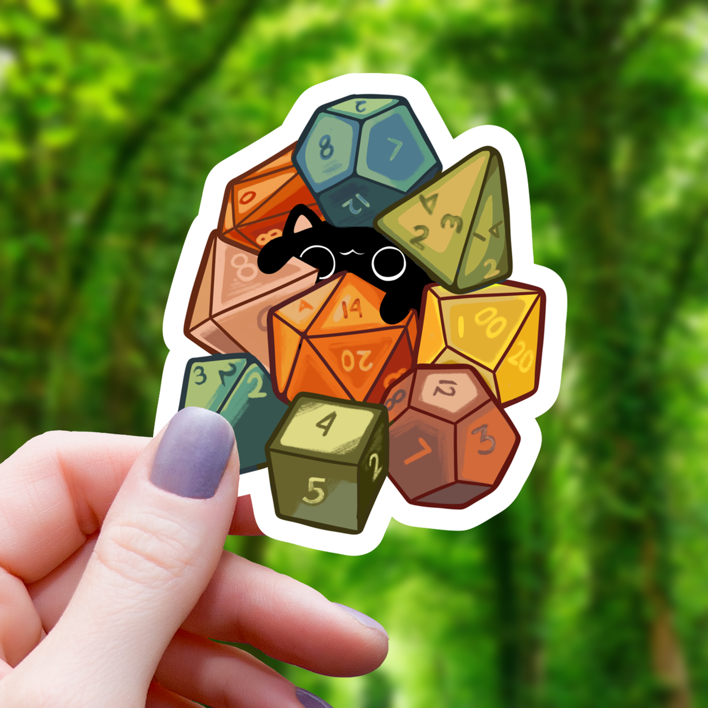 Cat Amongst Polyhedral Dice Sticker