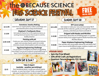 Fall Science Festival Sept 27-28, 12-6pm FREE