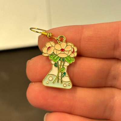 Pink Flowers in a Flask Dangle Earrings