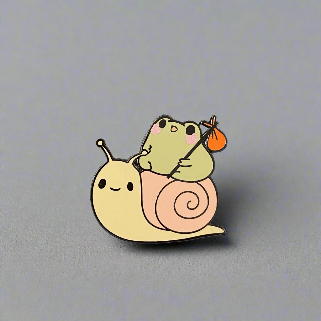 Frog on Snail Friend Enamel Pin