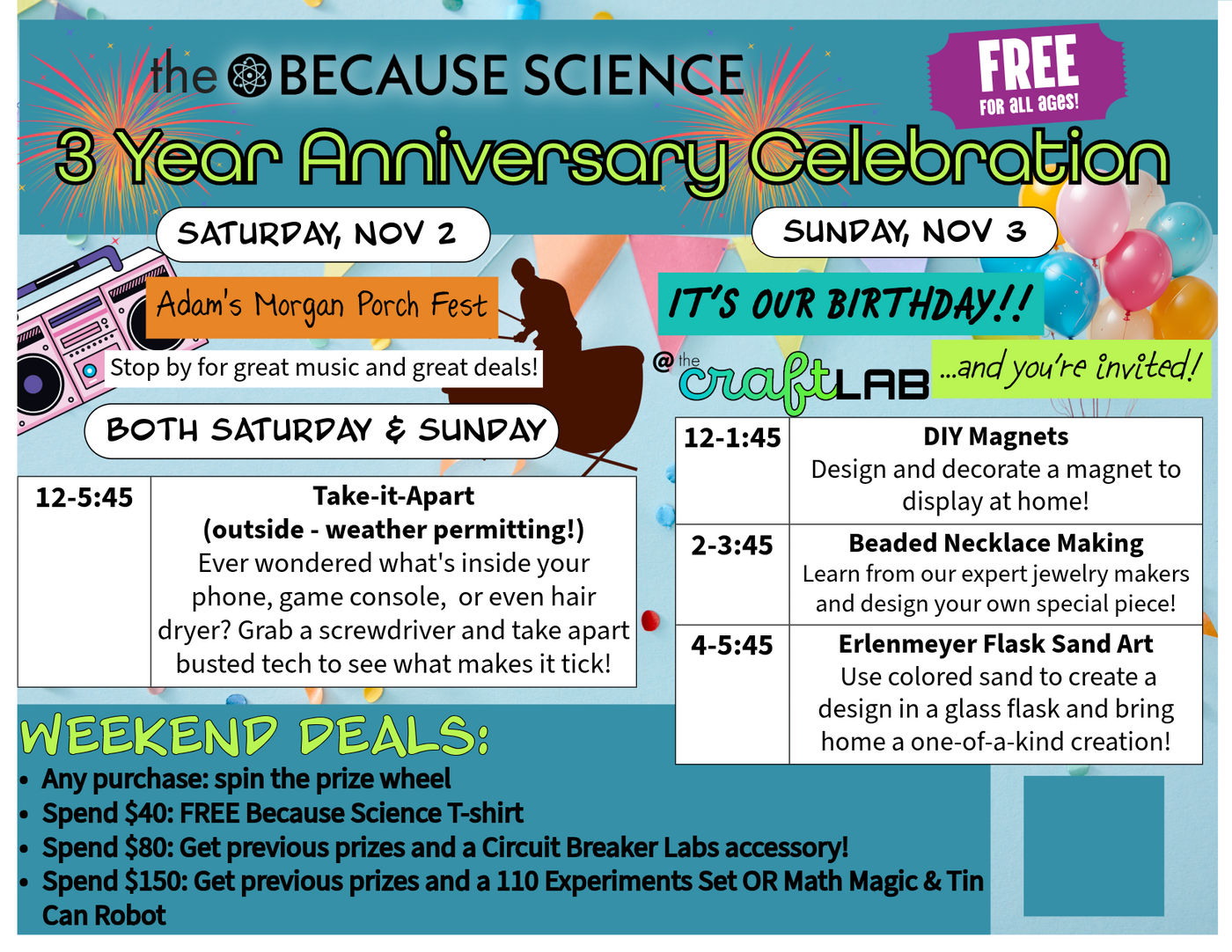 3 Year Because Science Anniversary Celebration! FREE Nov 1st &amp; 2nd, 12-6pm