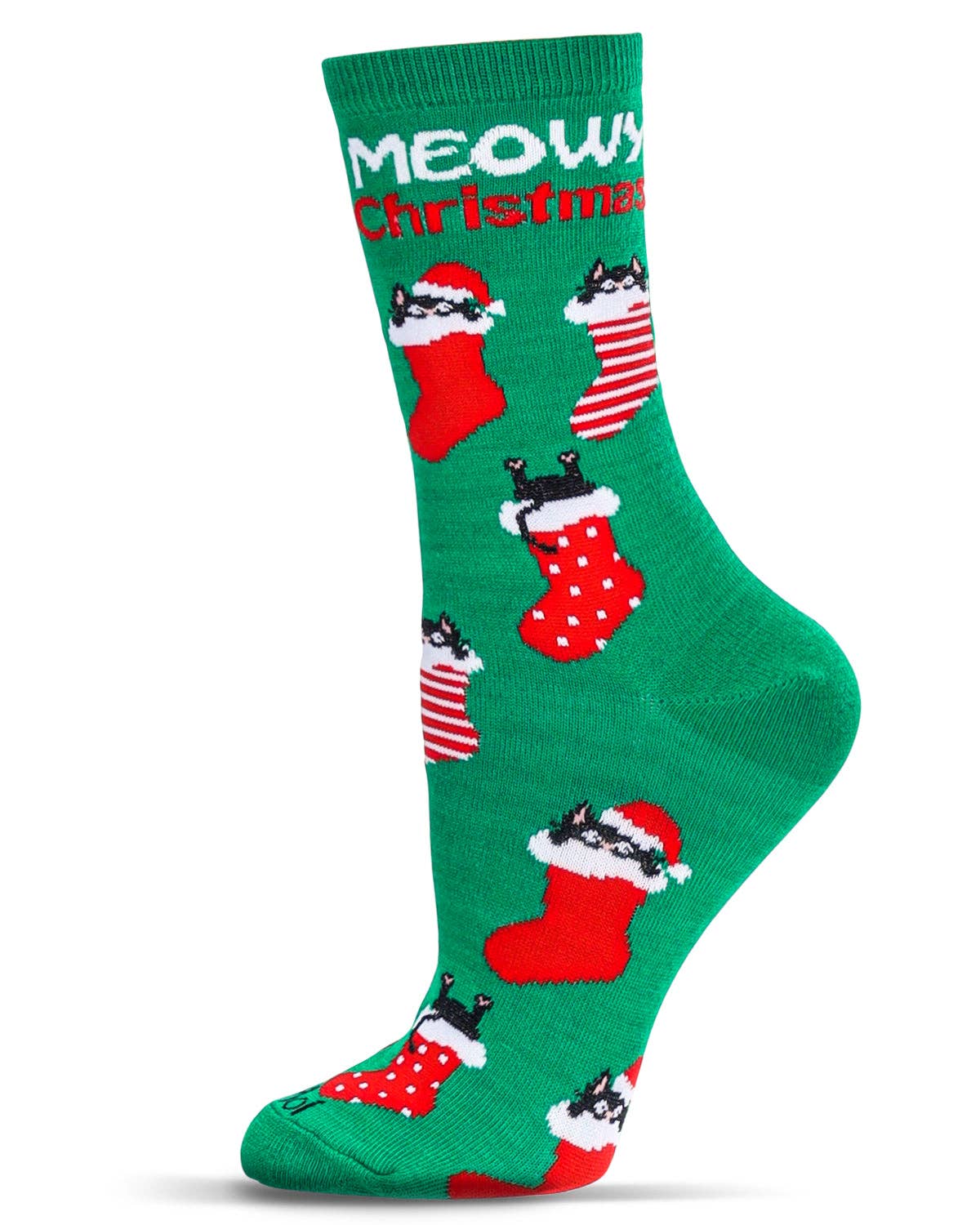 Women's Meowy Christmas Holiday Crew Socks: Green / 9-11