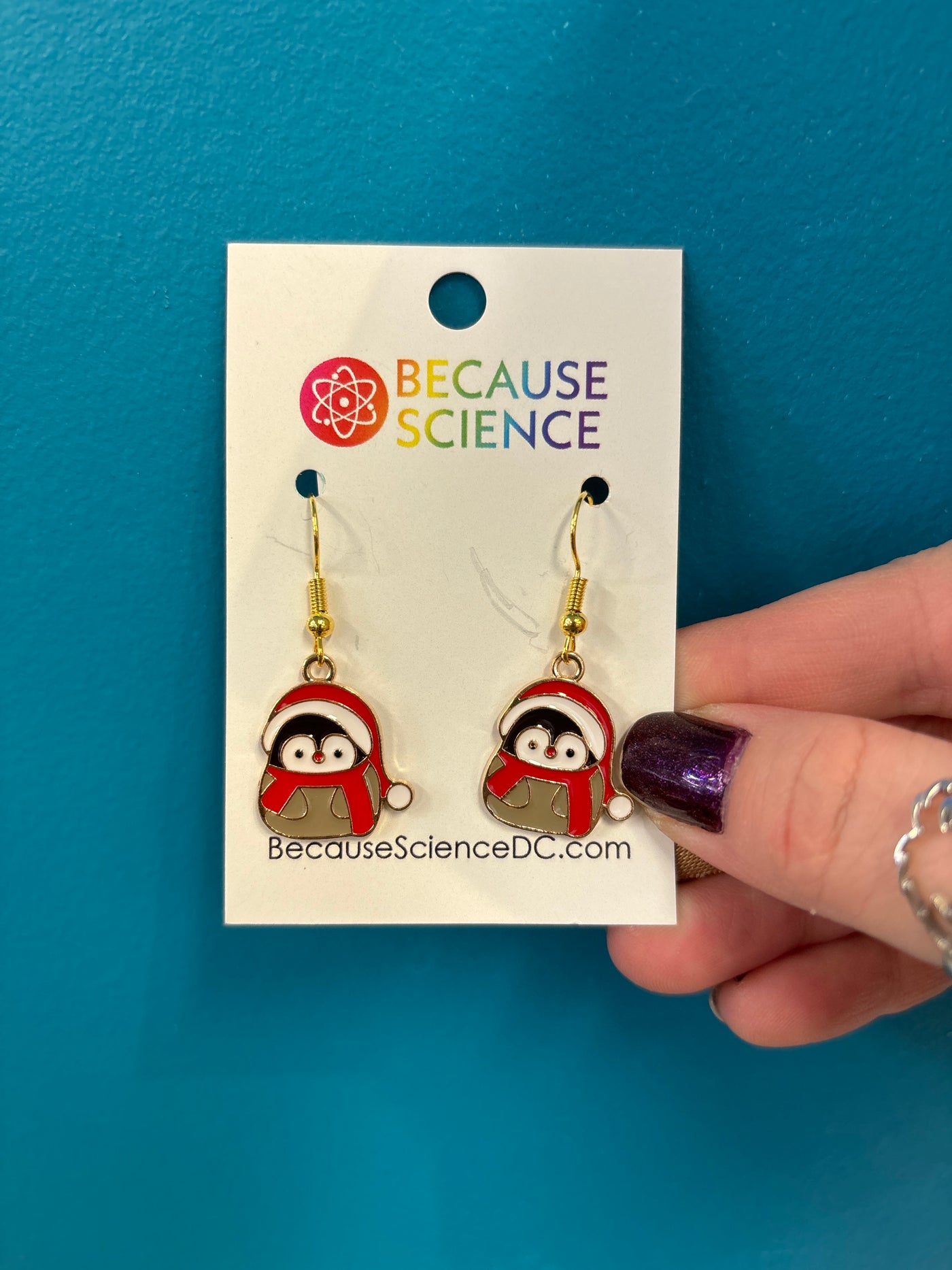 Baby Penguin in Santa Hat Enamel Dangle Earrings