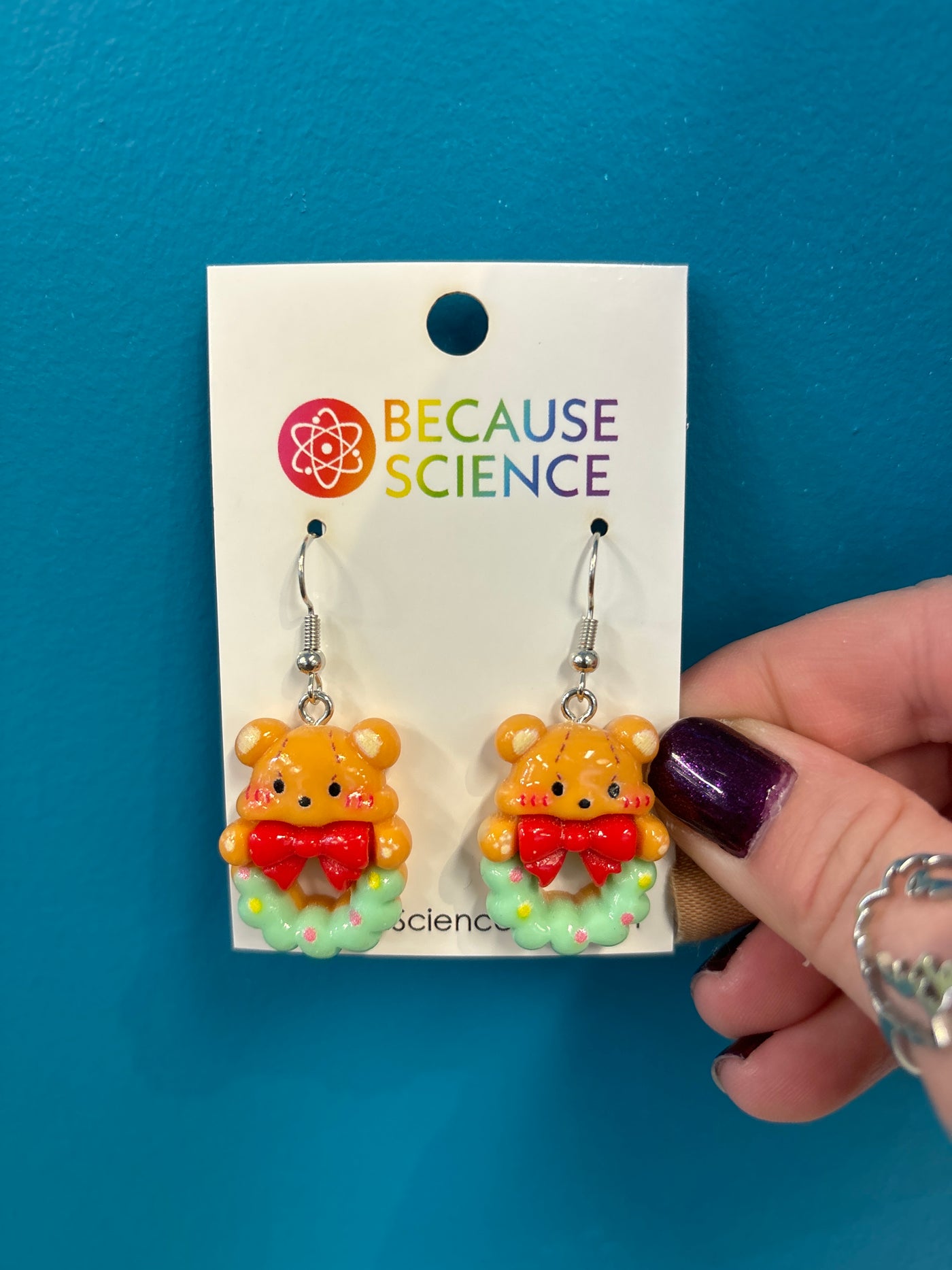 3D Teddy Bear in Wreath Dangle Earrings