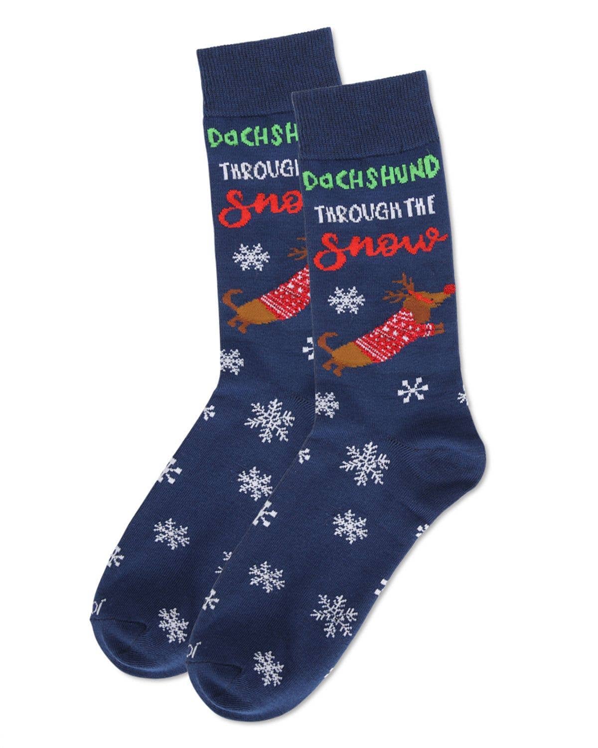 Men's Dachshund Through The Snow Holiday Crew Socks: Navy / 10-13