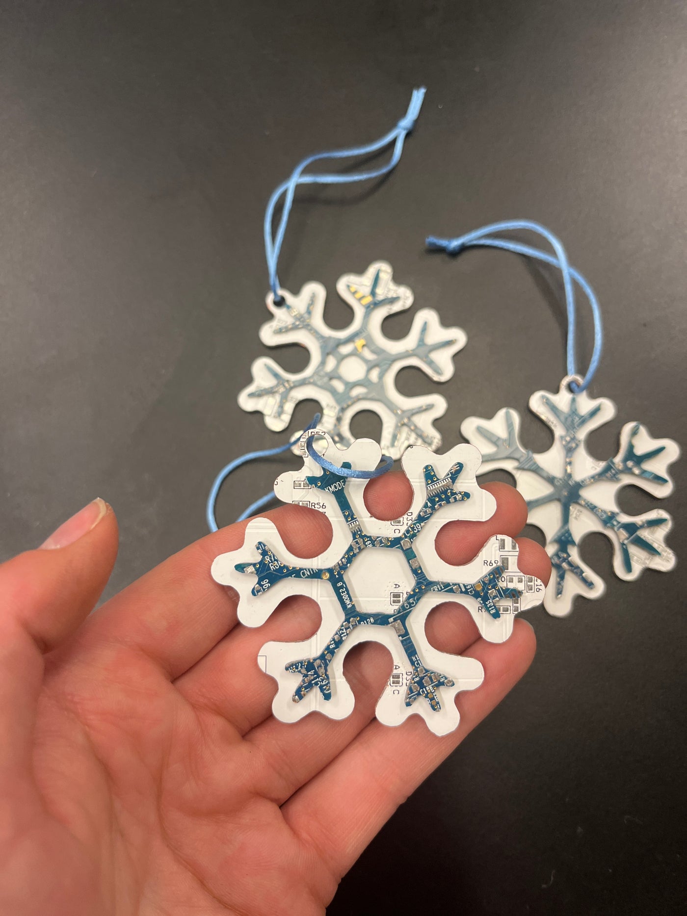 Circuit Board Snowflake Ornament with Blue Detailing