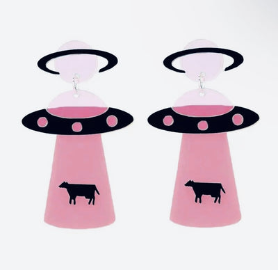 Neon Pink UFO Post Drop Earrings