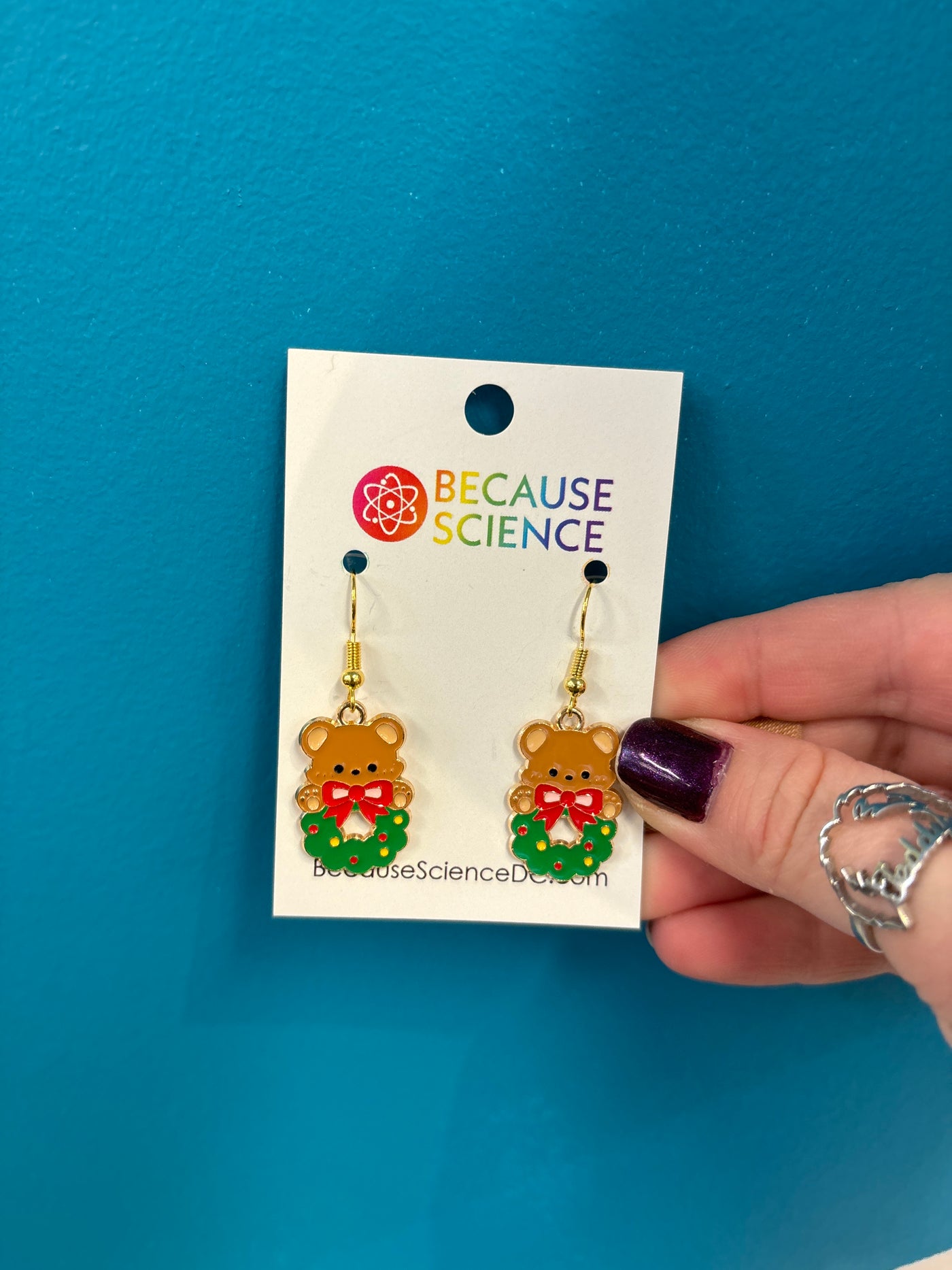 Teddy Bear in Wreath Enamel Dangle Earrings