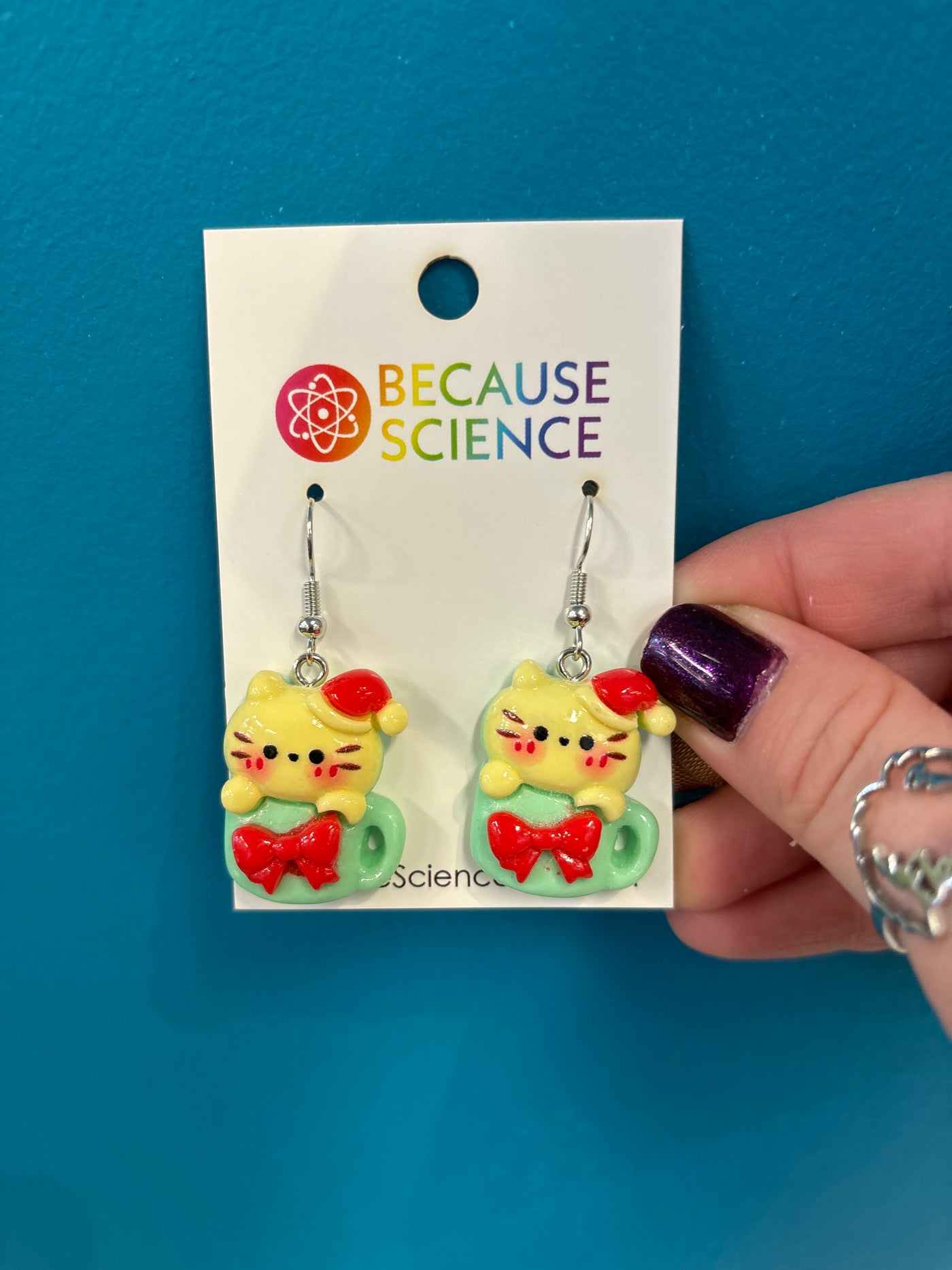3D Christmas Cat in Teacup Dangle Earrings