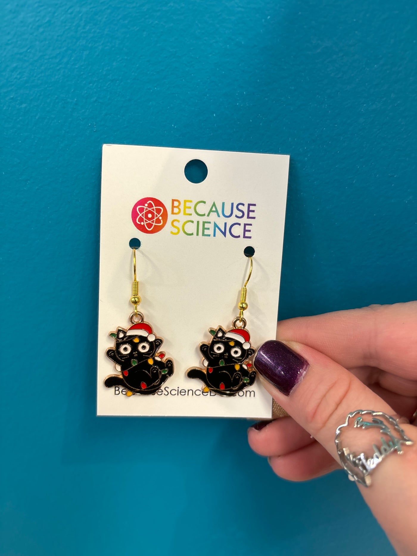 Cat in Christmas Lights Enamel Dangle Earrings