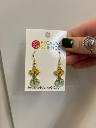Yellow Tulip in Flat Bottom Flask Dangle Earrings