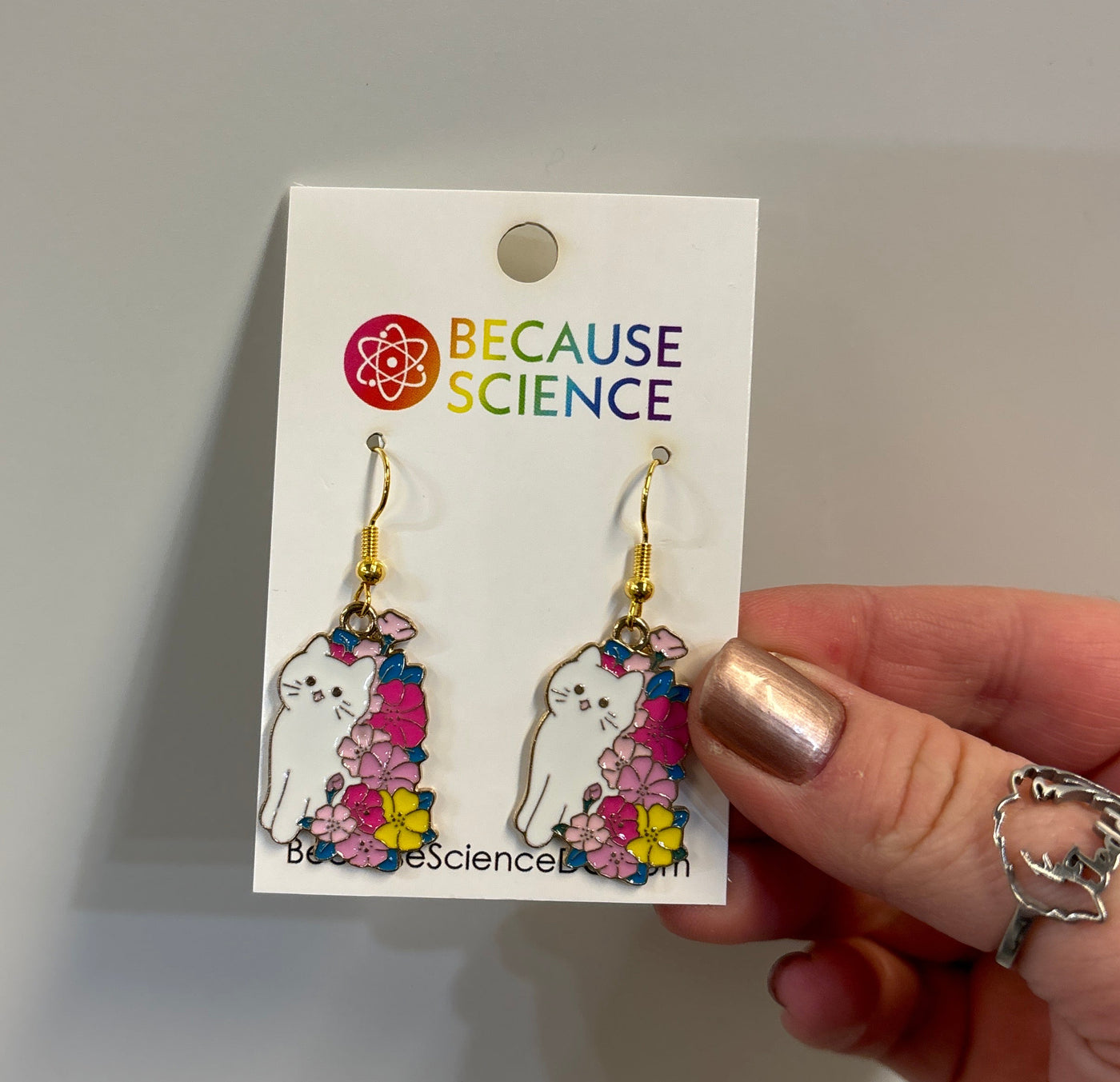 White Floral Kitty Dangle Earrings