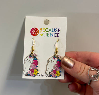 White Floral Kitty Dangle Earrings