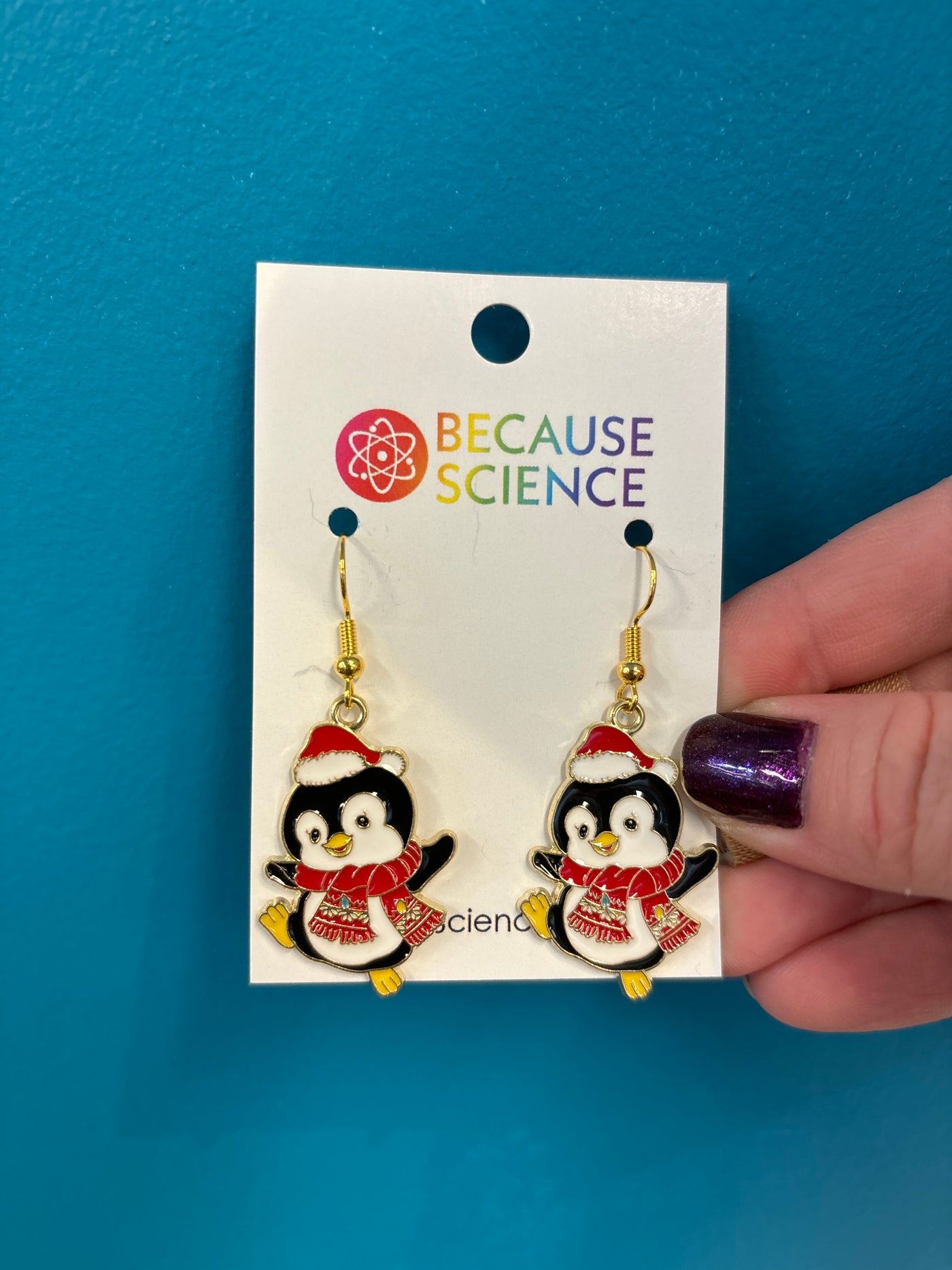 Penguin Dancing in Hat and Scarf Enamel Dangle Earrings