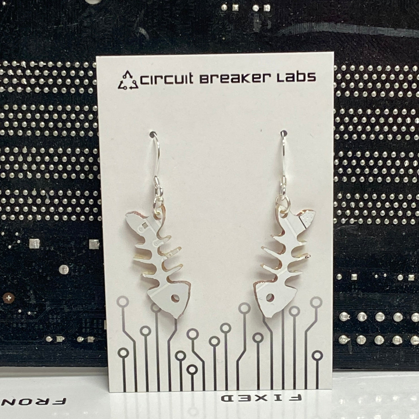 Fish Skeleton Circuit Board Earrings