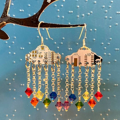 Circuit Board Cloud + Rainbow Drop Earrings
