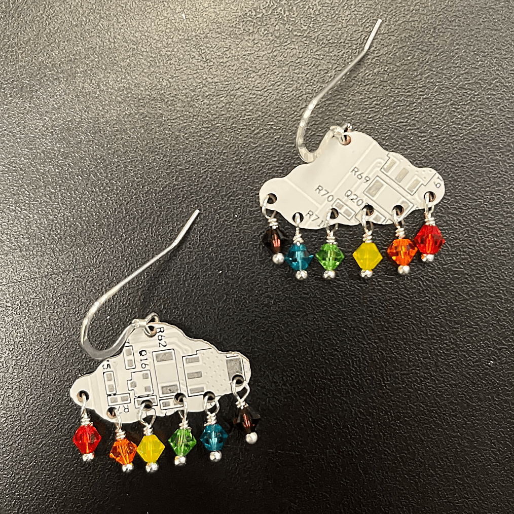 Circuit Board Cloud + Rainbow Drop Dangle Earrings