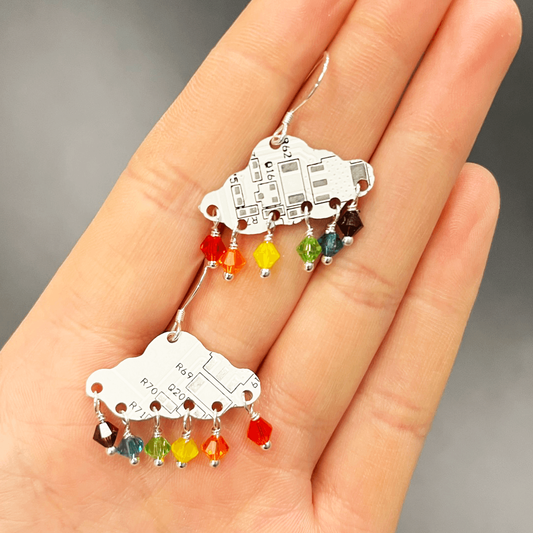 Circuit Board Cloud + Rainbow Drop Dangle Earrings