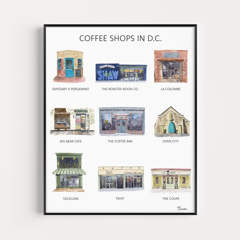 DC Coffee Shops Watercolor Art Print 8x10