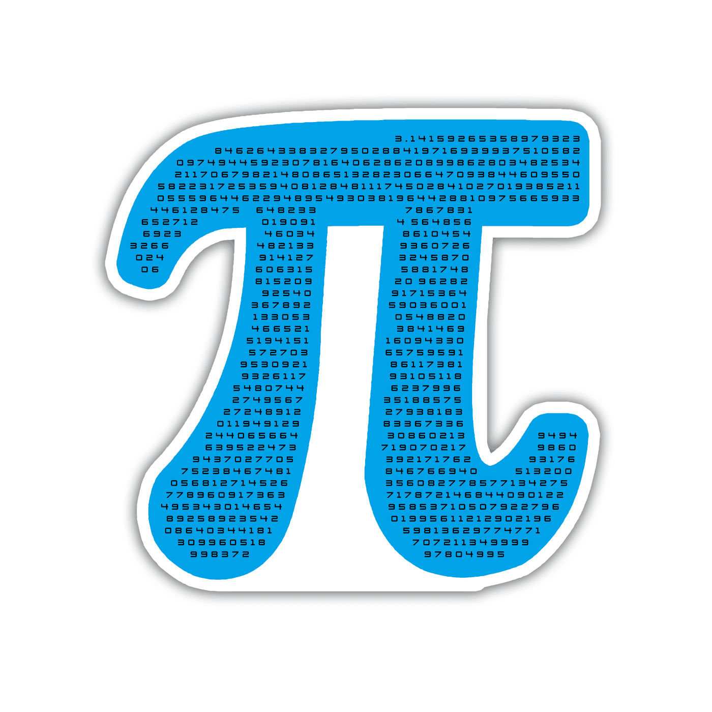 blue pi shaped sticker with the digits of pi written on it