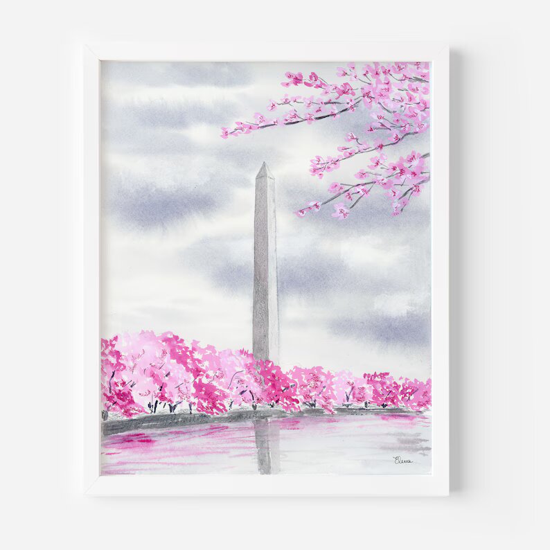 Washington Monument in Spring Watercolor Art Print 8x10