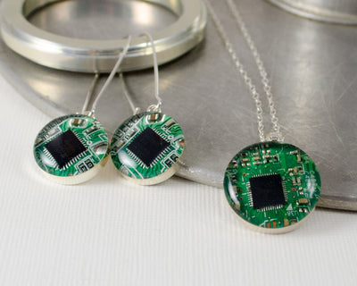 Circuit Board Sterling Silver Necklace and Earrings Set - Large