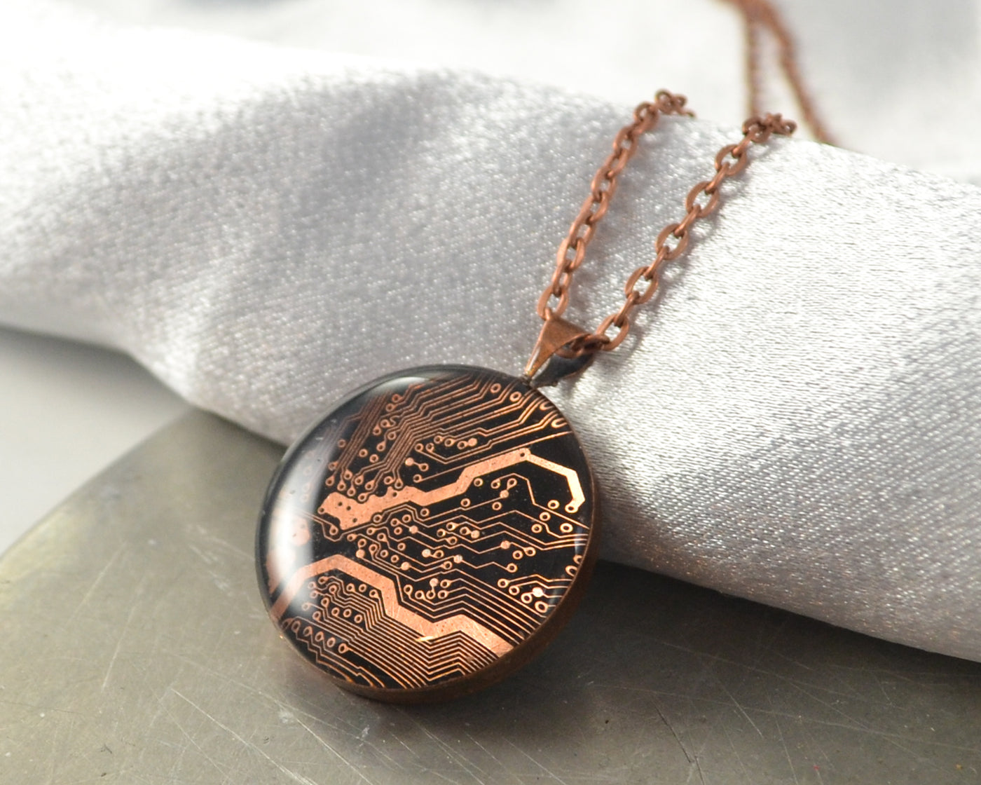 recycled copper circuit board round necklace