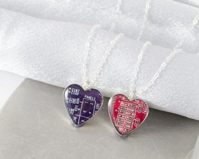 Sterling Silver Heart Necklace - Circuit Board