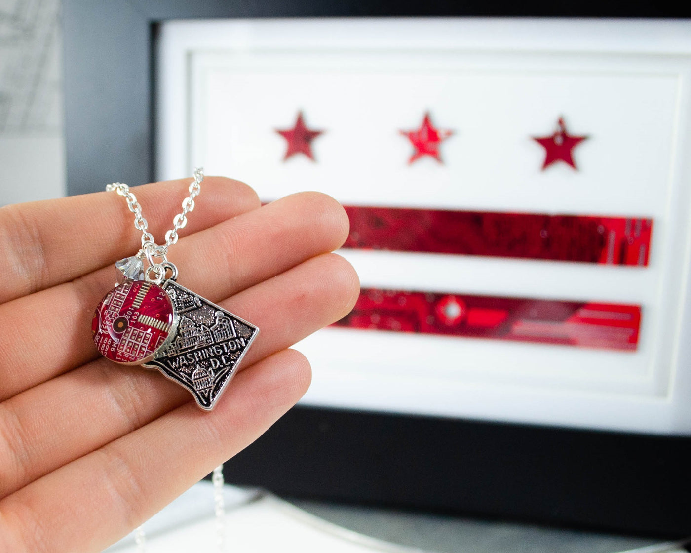 washington dc necklace with red circuit board charm with dc flag in background
