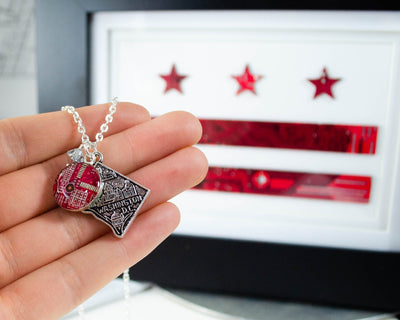 washington dc necklace with red circuit board charm with dc flag in background
