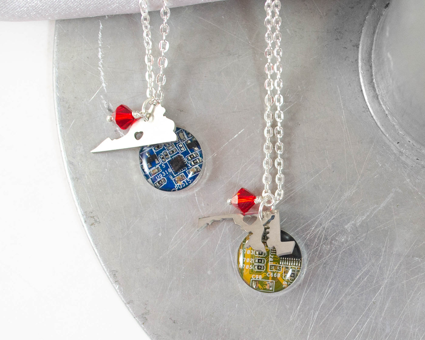 maryland and virginia geek charm necklaces with circuit board and crystal bead