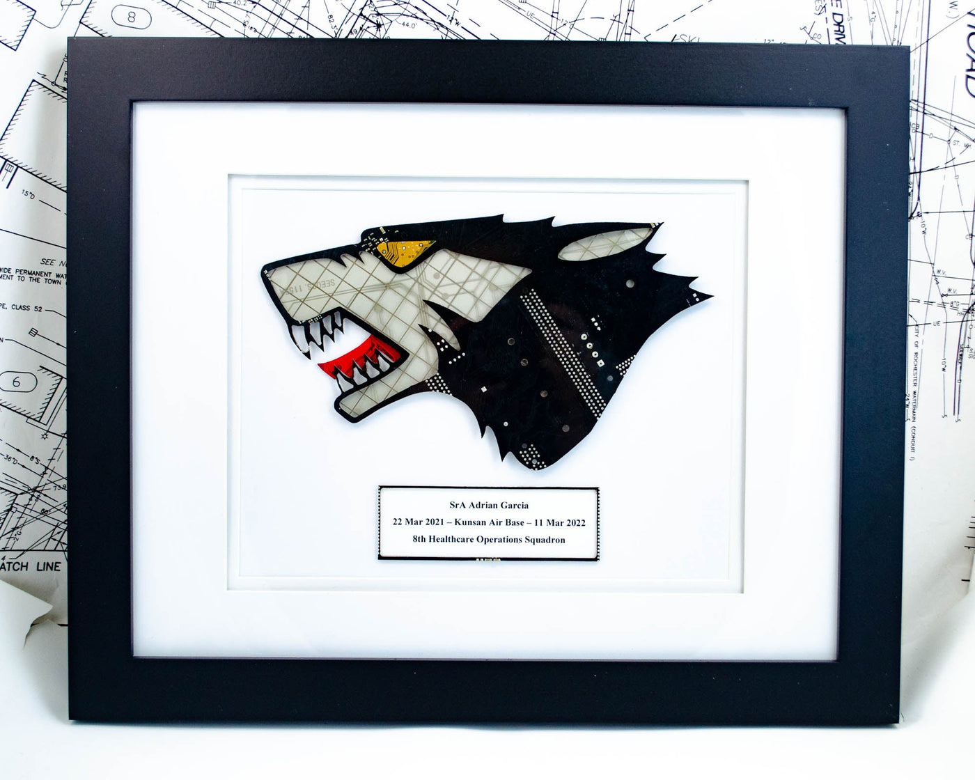 custom wolf framed art made from upcycled computer motherboards and reclaimed keyboard circuit boards