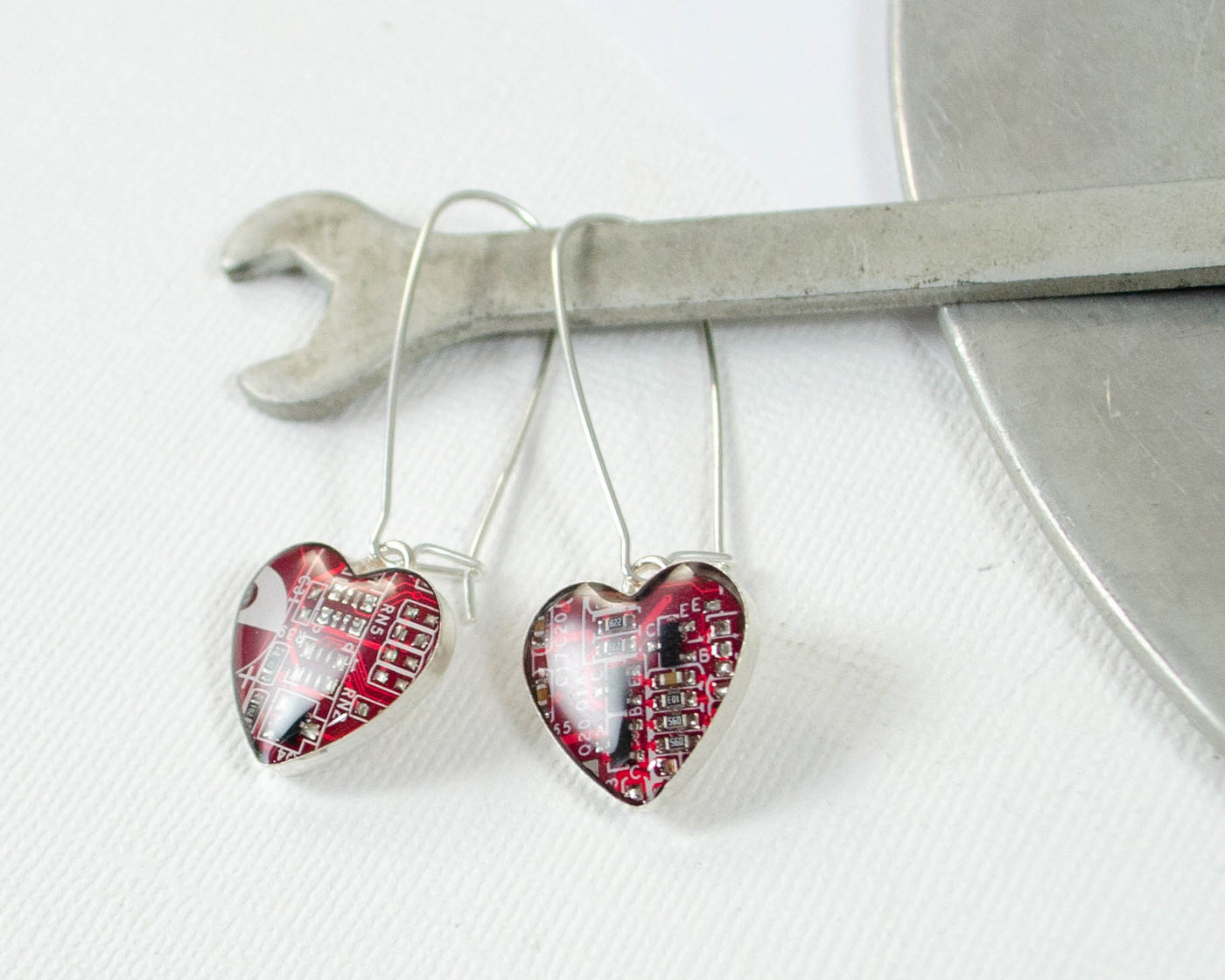 Circuit Board Medium Heart Dangle Earrings
