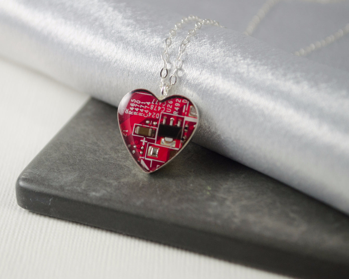 red circuit board heart necklace