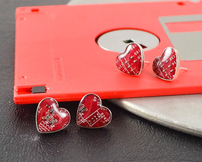 Small Circuit Board Heart Post Earrings