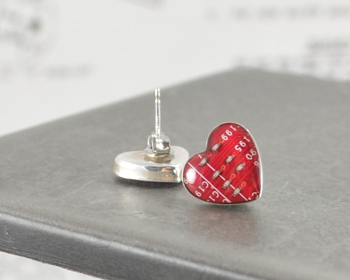 Small Circuit Board Heart Post Earrings
