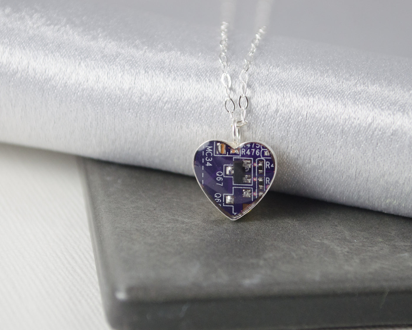 tiny purple circuit board heart necklace