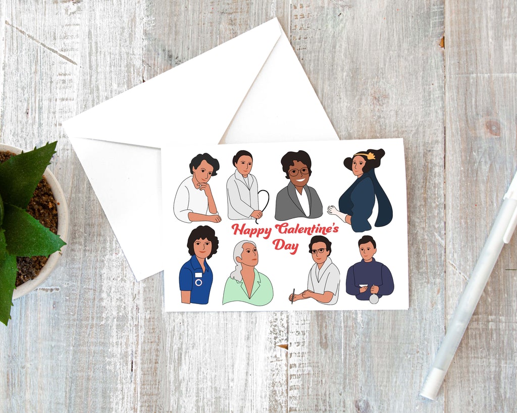 galentines day greeting card with pictures of women in stem that says happy galentine's day