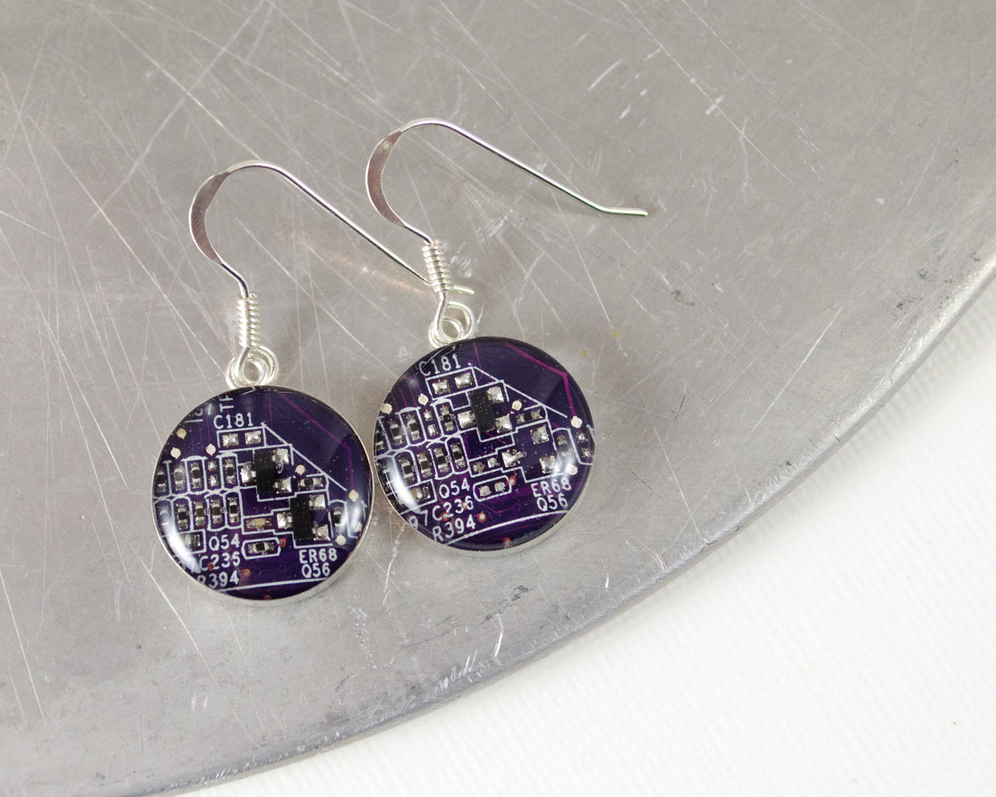 purple circuit board earrings