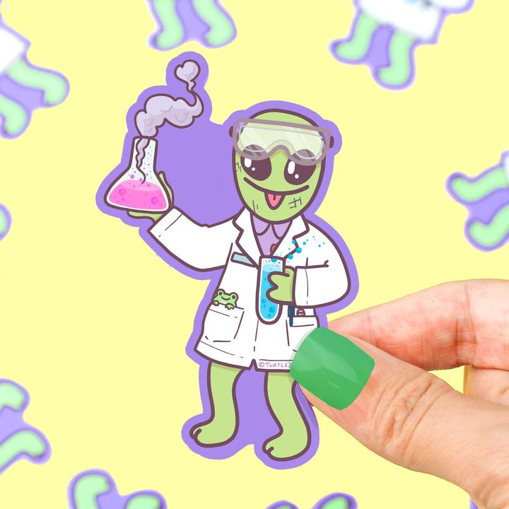 illustrated sticker of an alien wearing a lab coat
