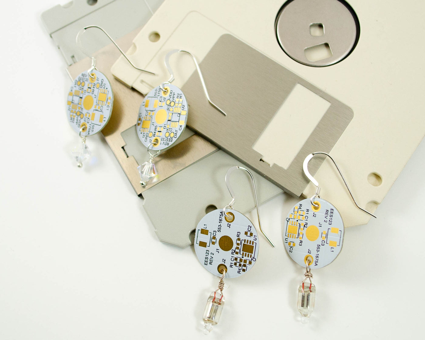 handmade earrings made from recycled white circuit boards and swarovski crystal beads and diodes